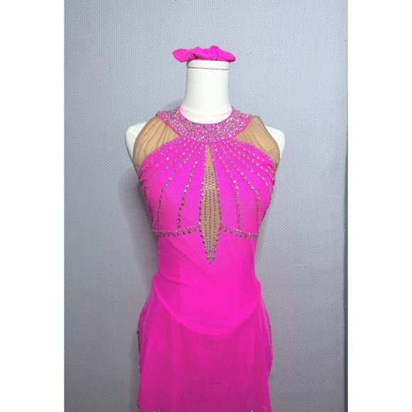 Dresses & Skirts - Hot Pink Figure Skating Competition Rhinestone Halter Dance Dress  Size XS